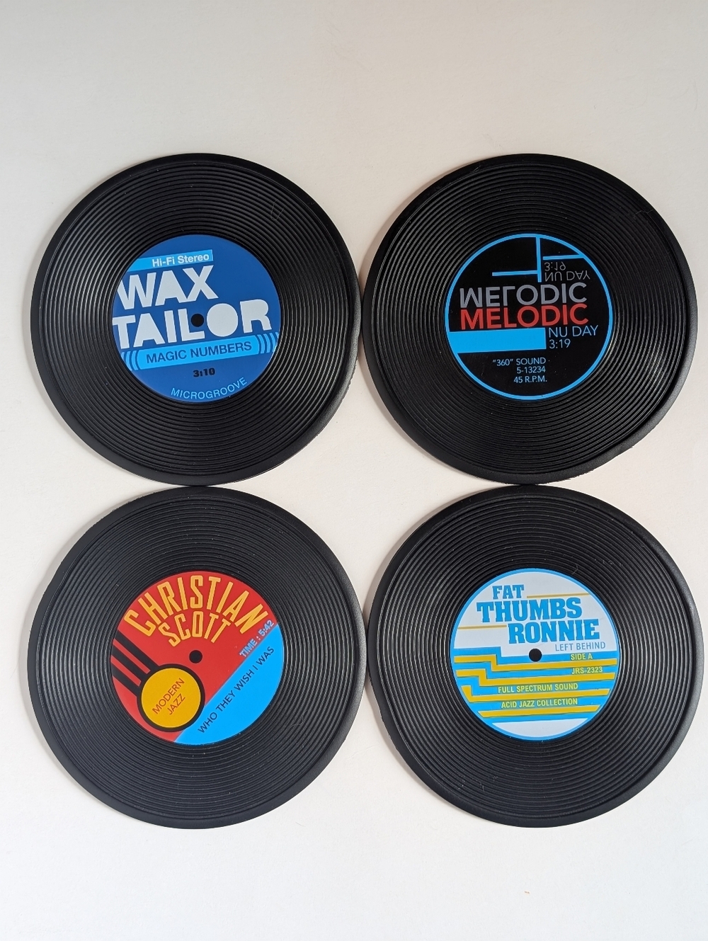 Retro Vinyl Record Style Coaster Set (Set of 4) - Blue, Black, Red, Yellow